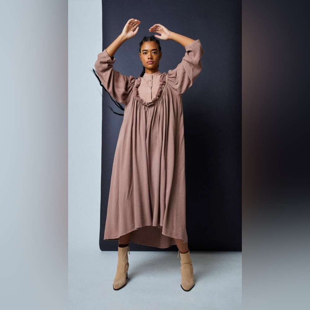 Atelier Delphine Fanny Dress Brushed‎ Viscose Burro Brown Raw Hem Ruffle Bib